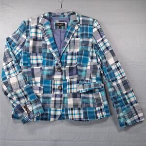 Talbots Madras Plaid Patchwork Blazer Women's 14 Blue Teal Gray White Cotton